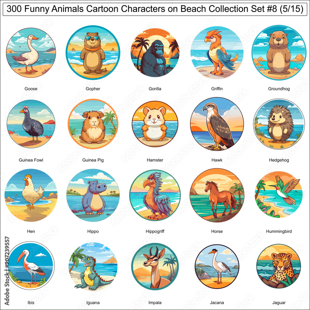 Funny Cartoon Characters Animals on Beach Bundle Collection Set of 300 Animals Part 5
