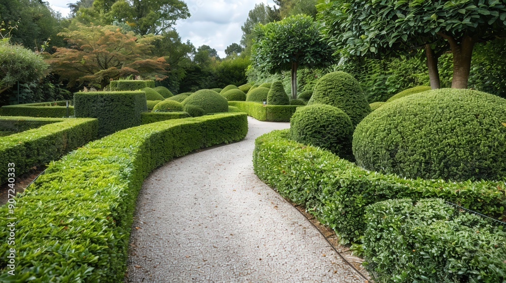 Serene garden pathway lined with neatly trimmed hedges and sculpted bushes, inviting tranquility and natural beauty. Serene garden pathway lined with neatly trimmed hedges and sculpted bushes, inviting tranquility and natural beauty.