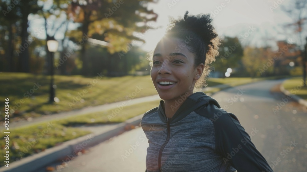 Young athletic woman smiling with joy while running on a spacious park road, featuring a minimalist style and high-definition details of nature's beauty. Young athletic woman smiling with joy while running on a spacious park road, featuring a minimalist style and high-definition details of nature's beauty.