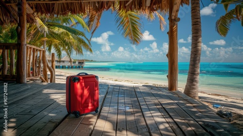 Fototapeta Naklejka Na Ścianę i Meble -  Red travel suitcase on bungalow patio by the sea beach with palm trees. Summer vacation trip and tour concept
