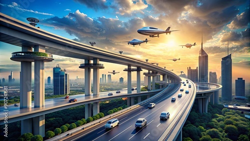 Wallpaper Mural Futuristic aerial highways with flying cars in designated sky lanes, future, transportation, aerial, highways Torontodigital.ca