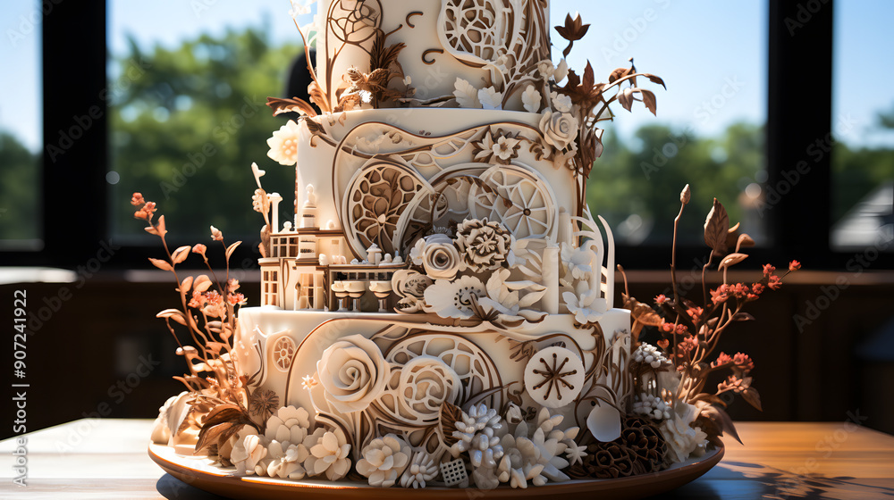Obraz premium Custom wedding cake featuring elements from the couples bca4db46-5e84-48ab-98f0-8a5faa11eae6 2