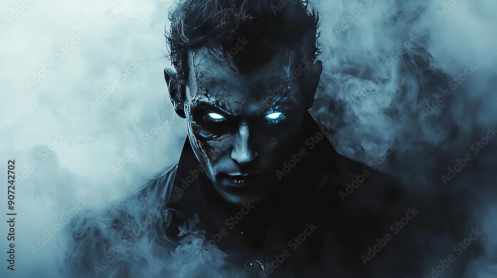 A spooky digital portrait of a vampire with glowing eyes and a misty background halloween A spooky digital portrait of a vampire with glowing eyes and a misty background halloween