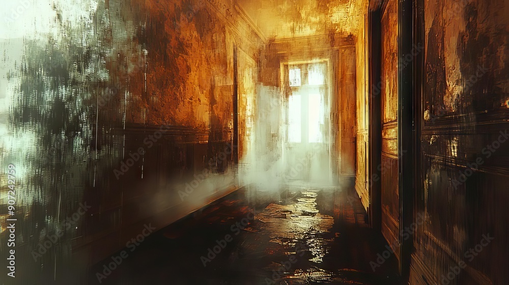 a haunted mirror reflecting ghostly images in burning background halloween a haunted mirror reflecting ghostly images in burning background halloween