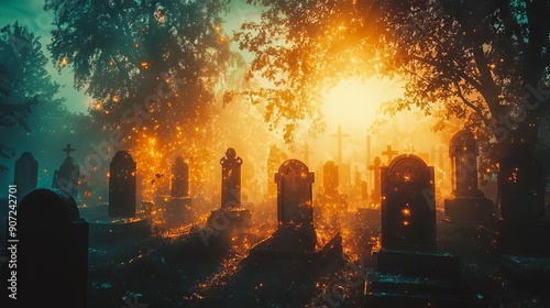 A creepy cemetery with gravestones and skeletons, digitally manipulated to have an otherworldly glow halloween