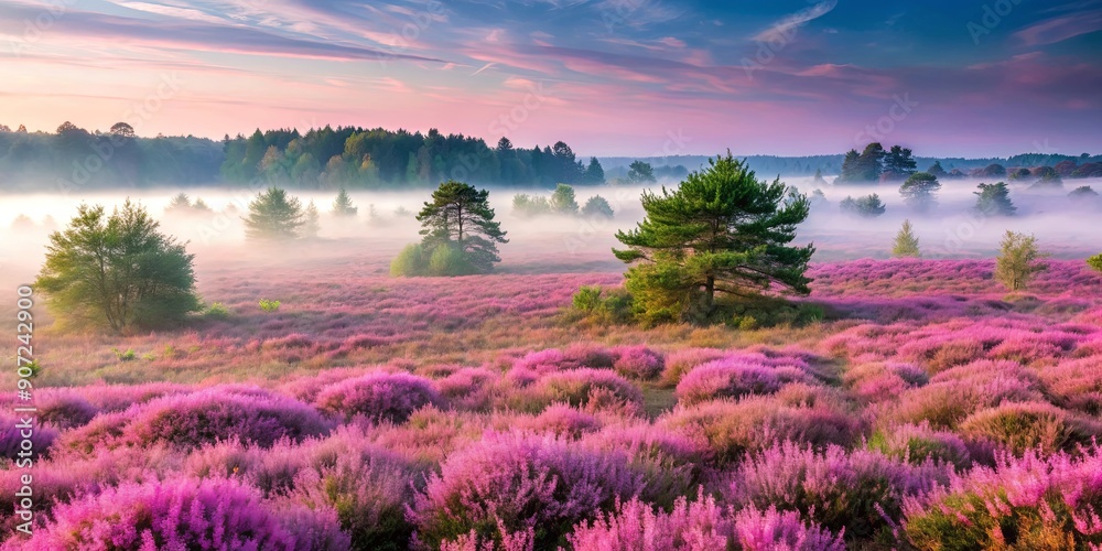 Obraz premium Landscape of L?neburger Heide with vibrant pink heather flowers and misty fog, heather, flowers, mist, fog, landscape, nature