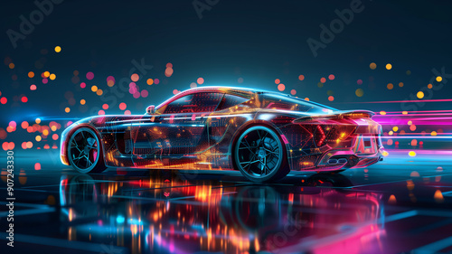 Futuristic hologram sports car on dark background photo