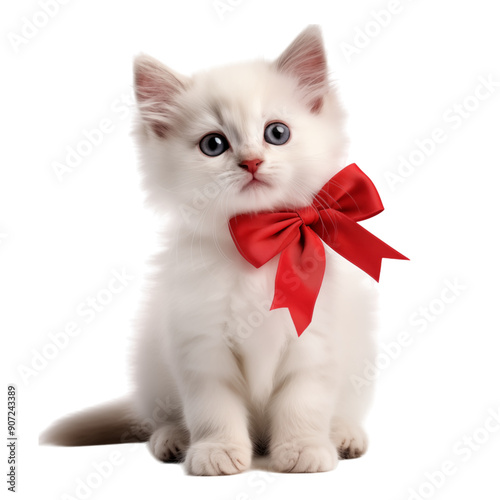 Adorable White Kitten With Red Bow On Transparent Background
