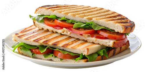 Grilled Turkey Panini on Plate Isolated on Transparent Background