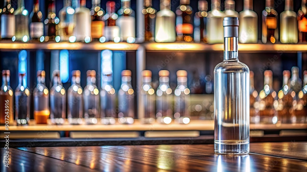 Sleek artisanal vodka bottle on modern bar counter with crystal-clear contents , artisanal, vodka, bottle Sleek artisanal vodka bottle on modern bar counter with crystal-clear contents , artisanal, vodka, bottle