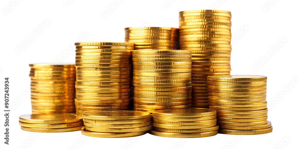 Golden Coins Stacked on White Background