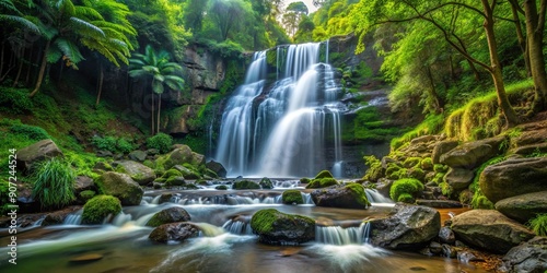Waterfall cascading down rocks in a lush forest setting, waterfall, forest, nature, scenic, landscape, flowing water, serene, tranquil