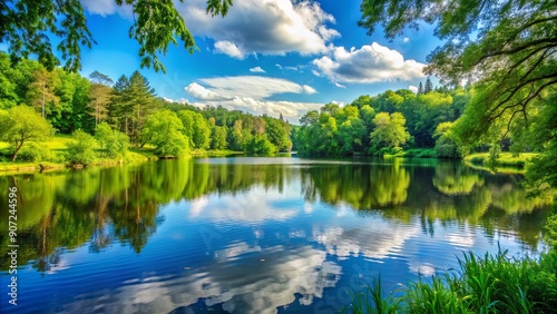 A peaceful lake surrounded by lush green trees in a serene natural background, nature, water, tranquil, reflection, trees