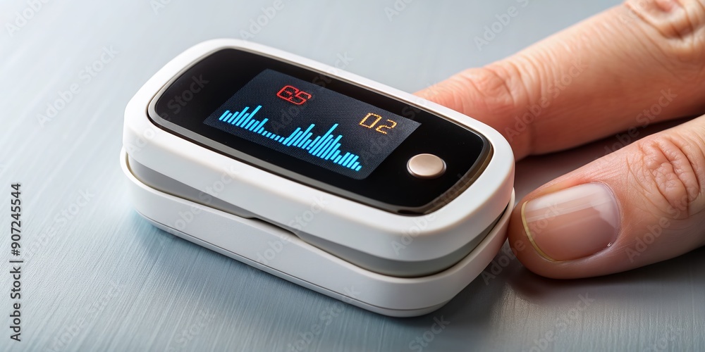 Accurate health monitoring with a compact fingertip device, displaying real-time oxygen saturation and pulse rate levels on a clear digital screen.