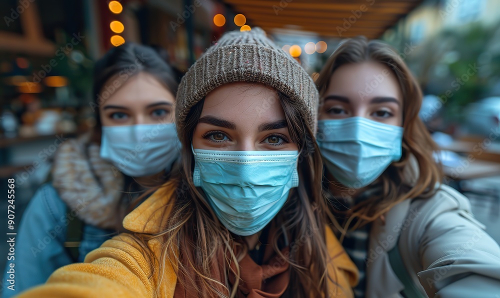 Friends wearing face masks are taking a selfie with a smartphone at a restaurant, embracing the new normal and having fun together in a lively social setting.