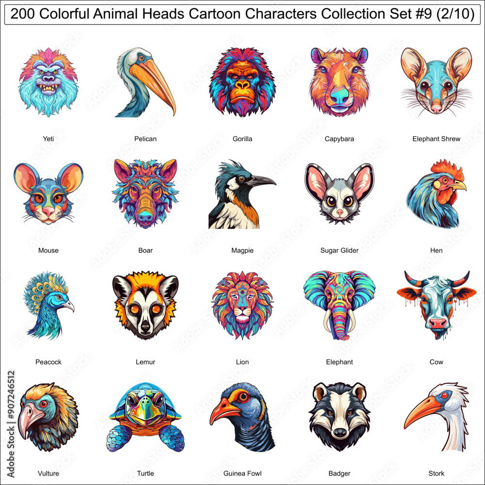 Obraz premium Colorful Cartoon Characters Animal Faces Bundle Collection Set of 200 Animals Part 2