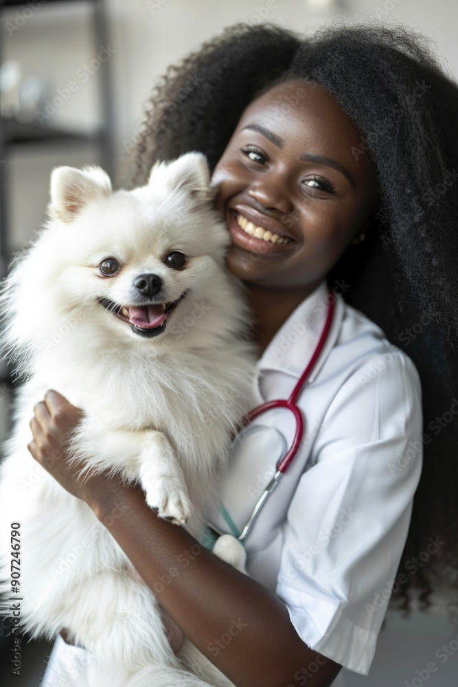 A healthcare professional holds a small white dog while wearing a stethoscope, suggesting a possible veterinary or medical scenario A healthcare professional holds a small white dog while wearing a stethoscope, suggesting a possible veterinary or medical scenario