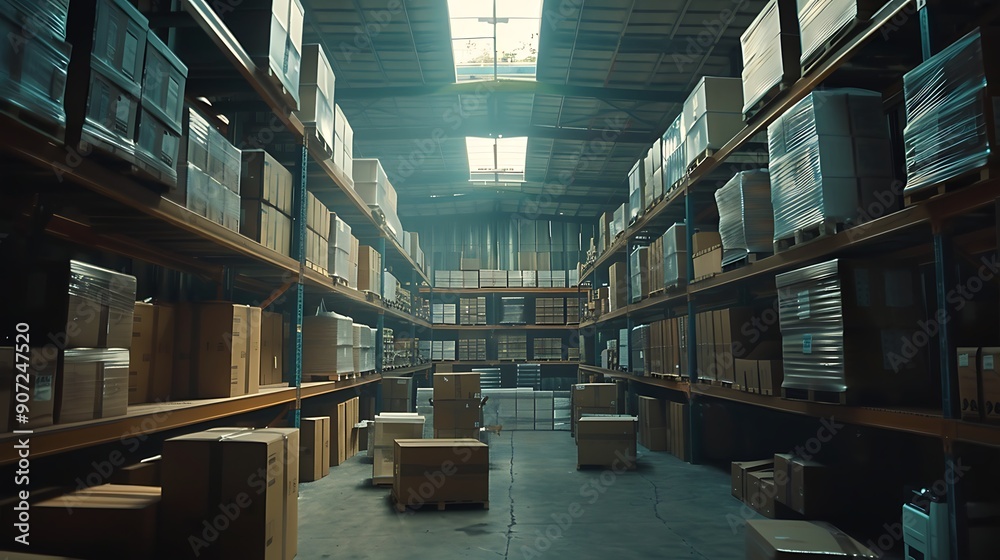 warehouse with rows of cardboard boxes. Industrial background warehouse with rows of cardboard boxes. Industrial background