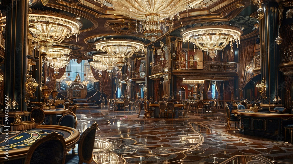 Obraz premium Luxurious Casino Interior with Elaborate Chandeliers and Gaming Tables