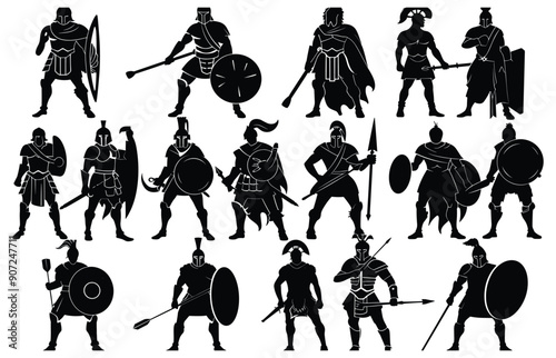 Set Of Silhouette Roman Gladiator, silhouettes of warriors and knights with different weapons and armor. a set of vectors