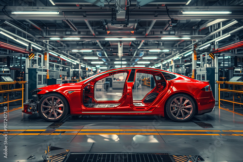 Side view of red car body frame with automated production equipment in automotive factory