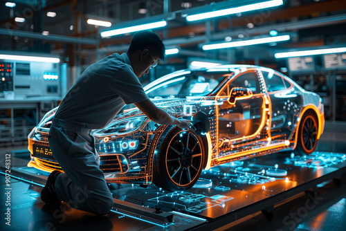 Automotive engineer working using AI system on electric car, Futuristic electric vehicle photo