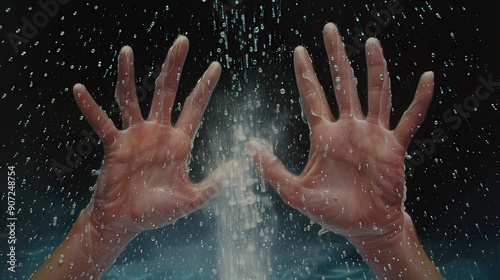 Hands Reaching Out Under a Dramatic Waterfall at Night in a Captivating Display of Nature's Power