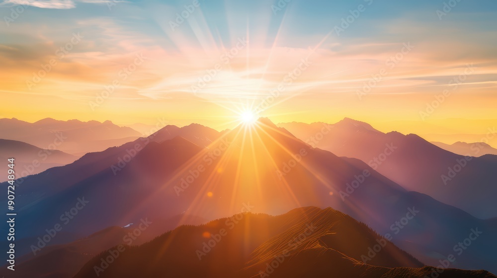 Stunning Sunrise Over Mountain Range with Radiant Sunbeams and Vibrant Sky Colors Stunning Sunrise Over Mountain Range with Radiant Sunbeams and Vibrant Sky Colors