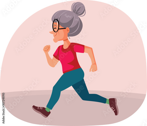 Senior Woman Running Being Active Vector Cartoon Illustration. Active senior person feeling energetic and sportive 

