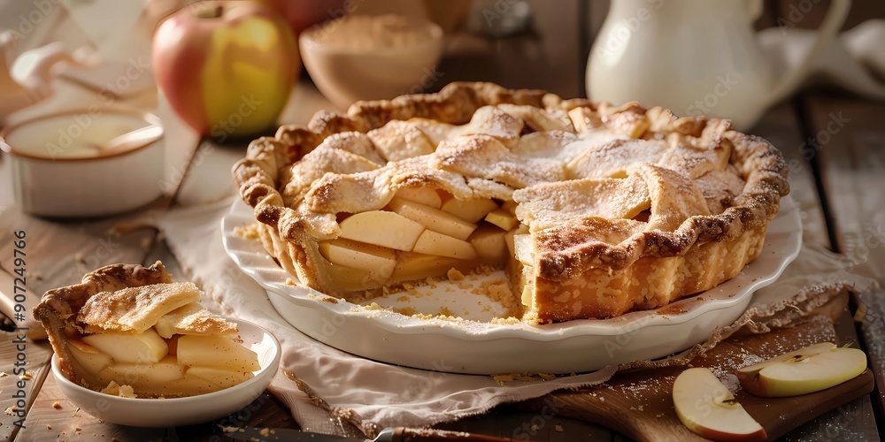Homemade apple pie with a slice missing. Homemade apple pie with a slice missing.