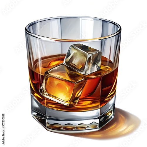glass of whiskey with ice cubes, on the rocks