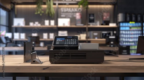 3d rendering black point of sale system or cash register machine on desk in store. copy space for text.