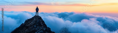A breathtaking view of a lone figure standing atop a mountain, surrounded by clouds during a stunning sunset.