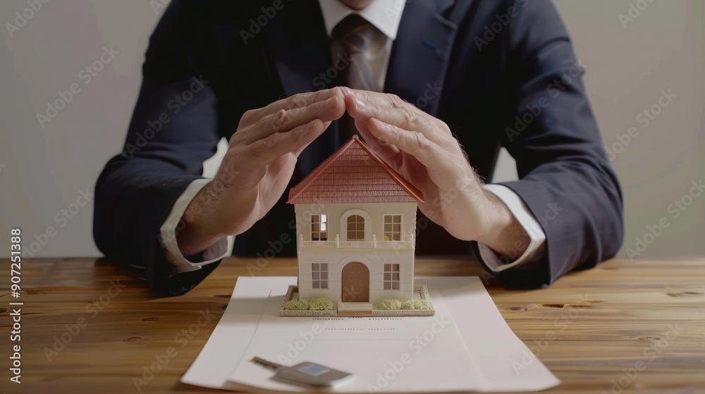 Broker agent with model toy house with documents signed purchase and sale contracts and mortgages including fire insurance, and a real estate concept. Broker agent with model toy house with documents signed purchase and sale contracts and mortgages including fire insurance, and a real estate concept.