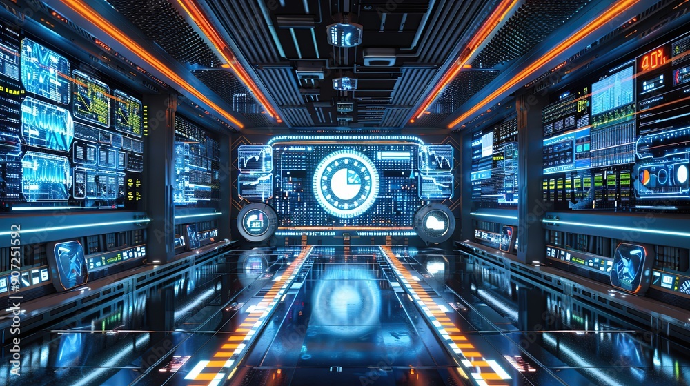 An AI-driven robotics facility monitoring real-time data on manufacturing efficiency, vibrant screens displaying complex analytics. copy space for text. An AI-driven robotics facility monitoring real-time data on manufacturing efficiency, vibrant screens displaying complex analytics. copy space for text.