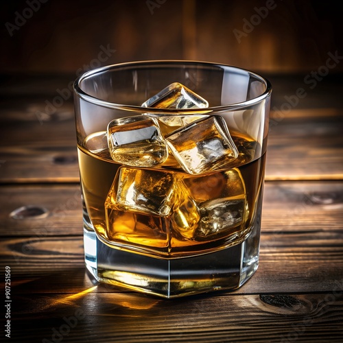 glass of whiskey with ice cubes on a wooden table