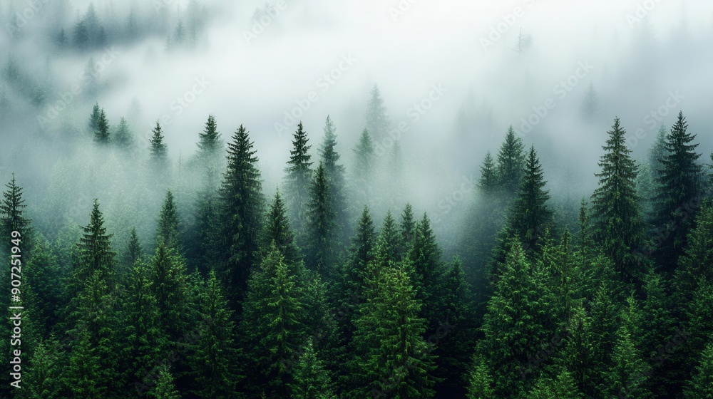 Fog enveloping a dense forest in the morning