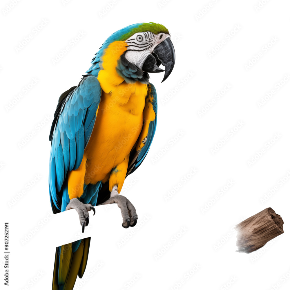 Fototapeta premium Blue And Yellow Macaw Parrot Perched On A Branch Isolated On Transparent Background