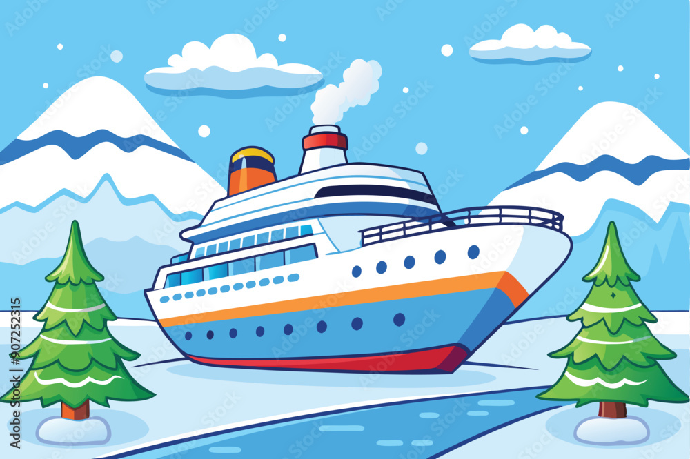 Cruise Ship Sailing Through Snowy Mountains and a Frozen River Cruise Ship Sailing Through Snowy Mountains and a Frozen River