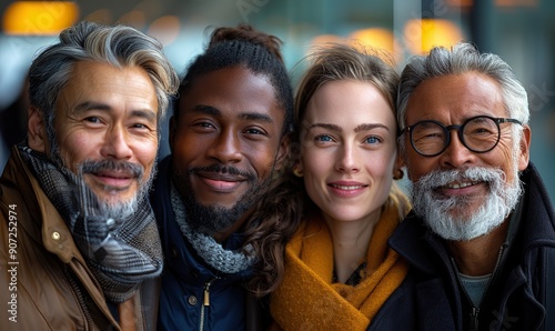 Multiracial people smiling and enjoying their time outdoors, capturing a happy and relaxed mood.