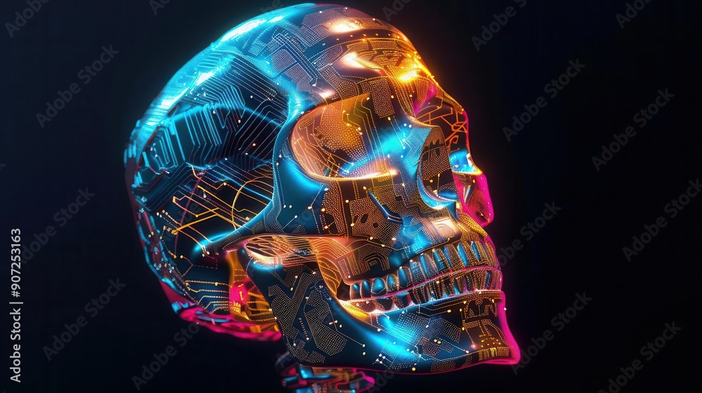 Colorful futuristic digital skull with vibrant neon lights and intricate electronic patterns on a dark background, representing AI technology. Colorful futuristic digital skull with vibrant neon lights and intricate electronic patterns on a dark background, representing AI technology.