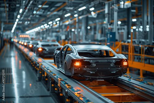 Car bodies on assembly line. Modern automotive industry. Electric car factory