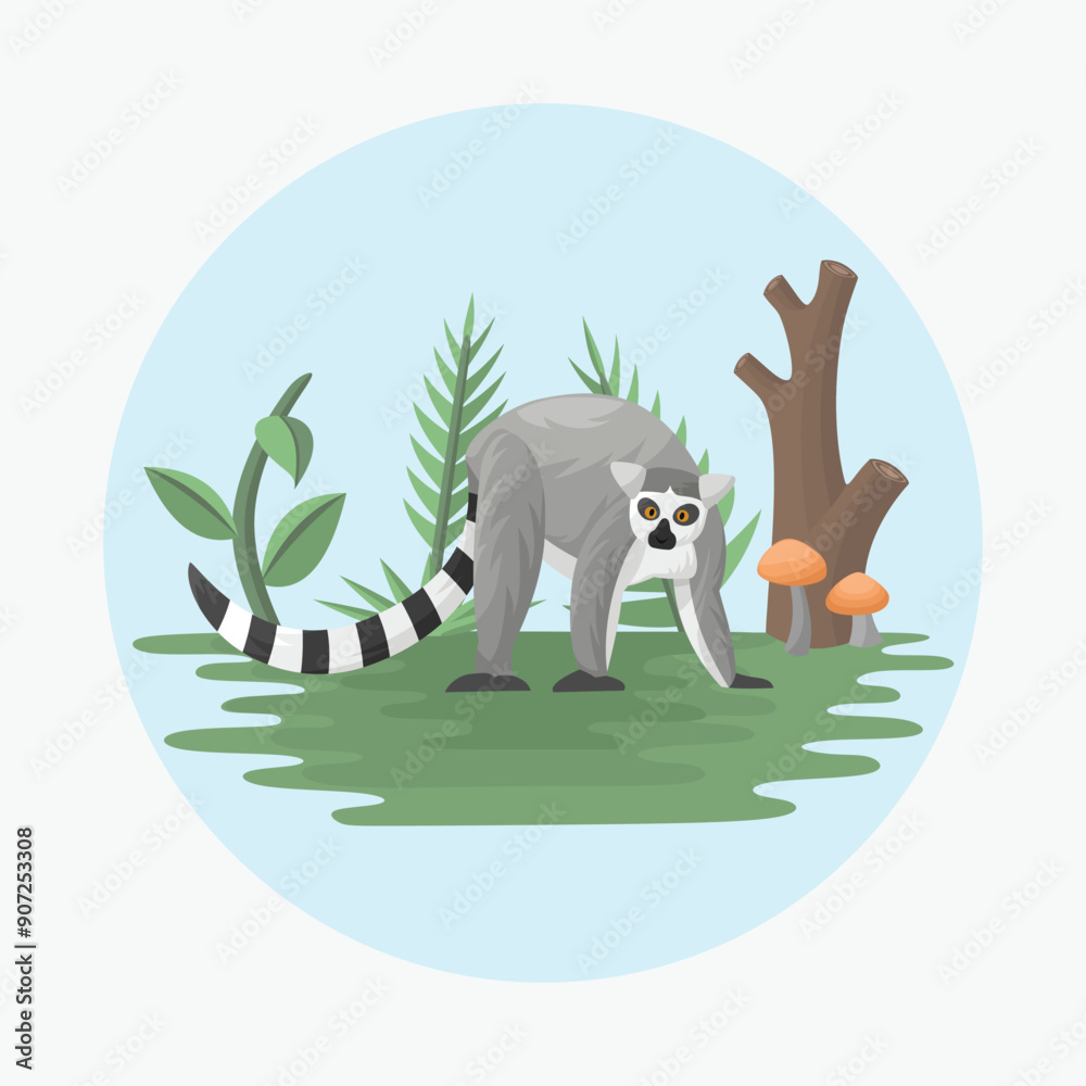 Naklejka premium Lemur Primate Flat Vector Colorful with Nature Background Elements