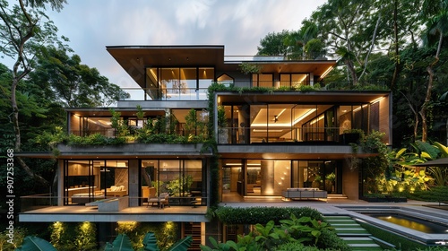 Modern eco-friendly multi-level house with lush greenery and large windows, blending architecture with nature in a serene forest setting. copy space for text.