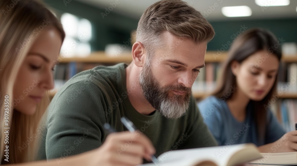 A group of adults studying together in a library A group of adults studying together in a library