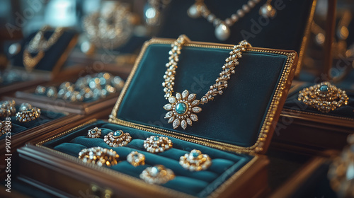 Gold jewelry with blue gems in velvet boxes. Generative AI photo