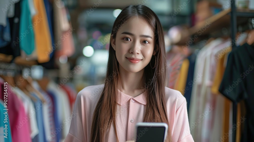 Young Asian woman seller showing clothes during live streaming in the mobile application, social media market concept. SME or freelance business online and delivery concept. Young Asian woman seller showing clothes during live streaming in the mobile application, social media market concept. SME or freelance business online and delivery concept.