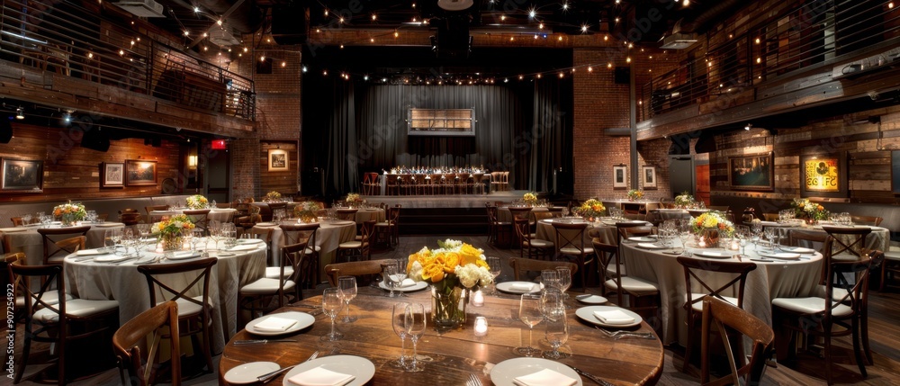 Elegant banquet hall set for a wedding reception with round tables, string lights, and floral centerpieces, creating a romantic atmosphere. Elegant banquet hall set for a wedding reception with round tables, string lights, and floral centerpieces, creating a romantic atmosphere.