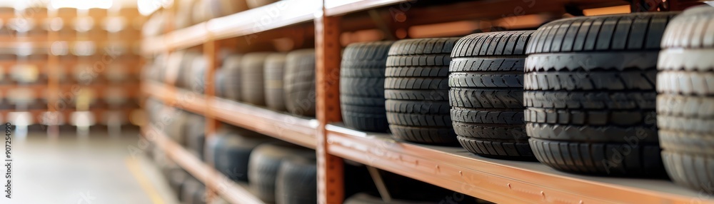 neatly arranged tires on shelves in a storage facility, showcasing various types and sizes for vehicles. neatly arranged tires on shelves in a storage facility, showcasing various types and sizes for vehicles.