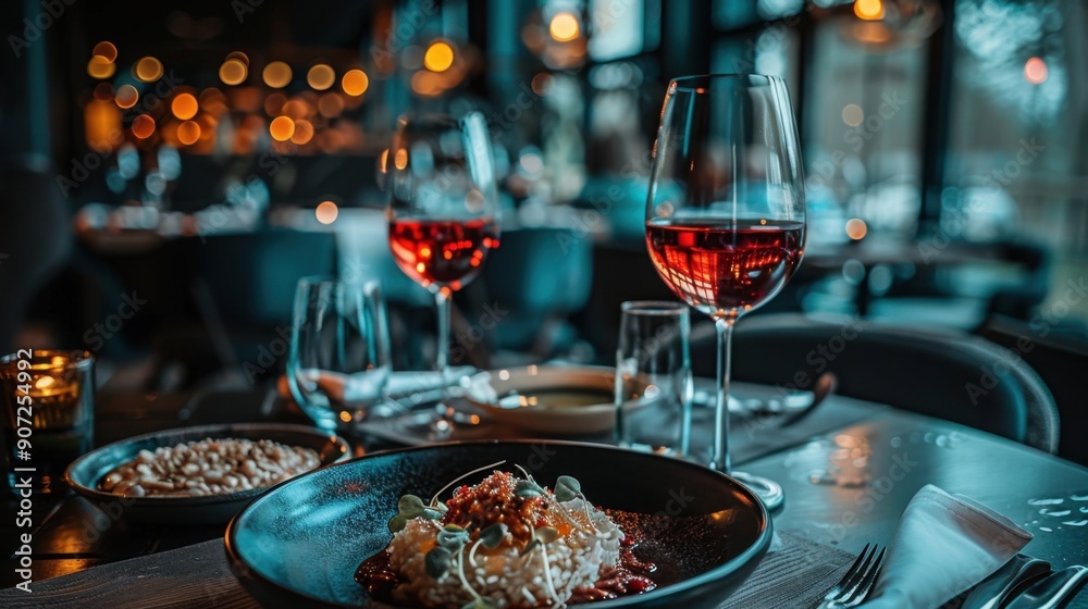 Elegant restaurant setting with gourmet food and red wine, creating a romantic ambiance with stylish decor and warm lighting. Elegant restaurant setting with gourmet food and red wine, creating a romantic ambiance with stylish decor and warm lighting.